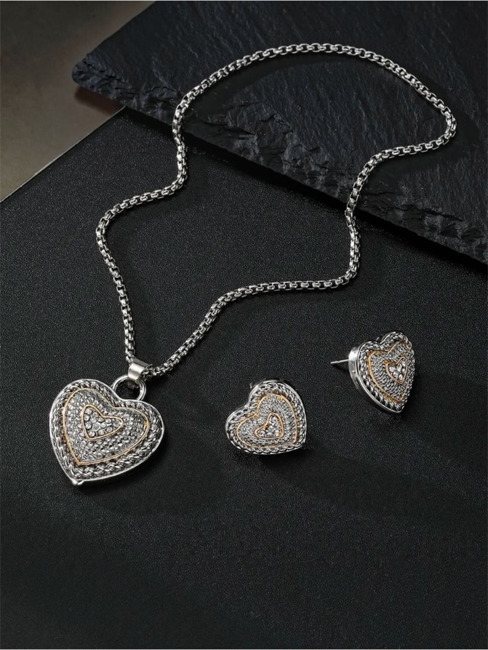 Two-tone Heart Pavé Pendant Necklace and Stud Earrings Set NWT